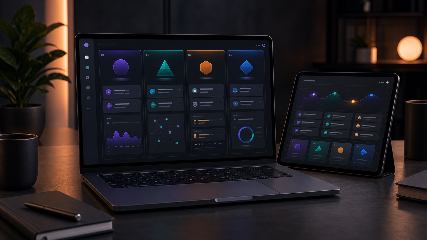 Dark desktop workspace showing abstract AI-agent software panels on a laptop and tablet.